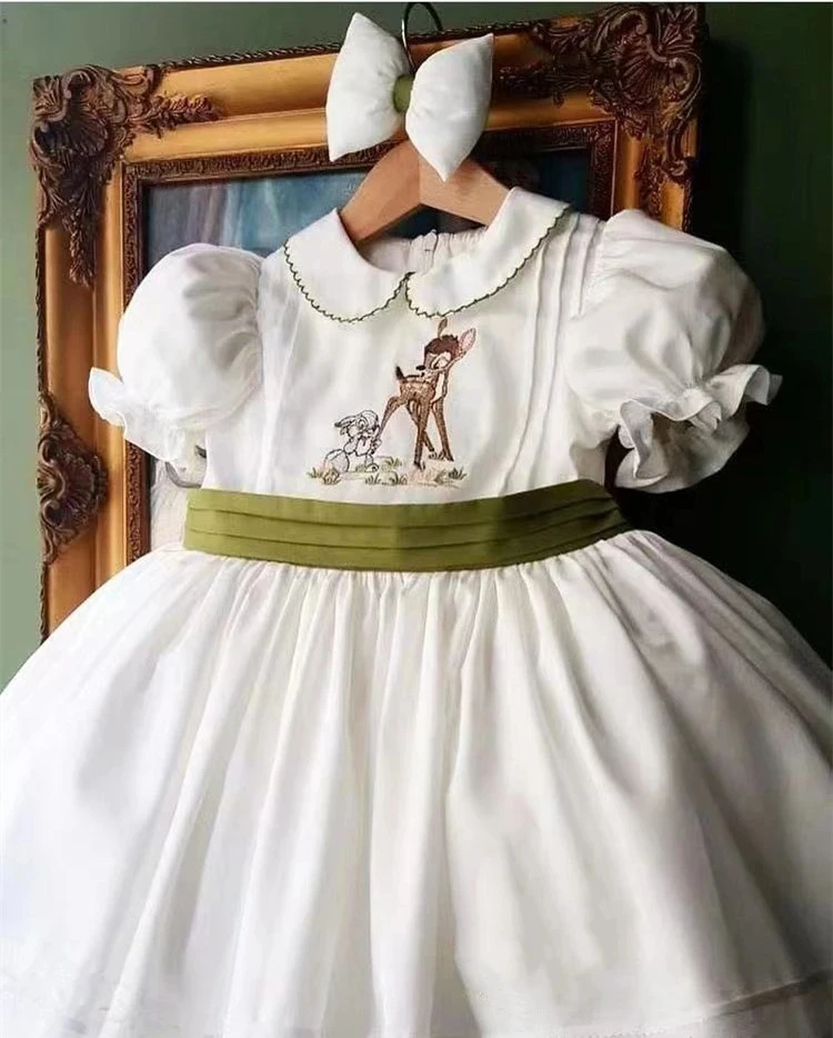 0-12y dievčatko leto jeseň jeleň biely jeleň výšivka vinobranie španielske šaty princeznej s loptičkou s pokrývkou hlavy pre príčin Eid Party Causal