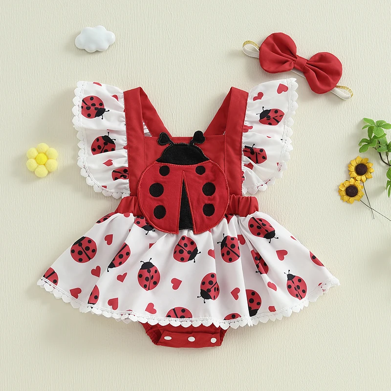 0-18M Dojčenské detské dievčatá Rompers šaty rozkošné včely/ladybug Print Fly Ruckve sukňa HEM CHECSUITS s čelenkou pre batoľatá