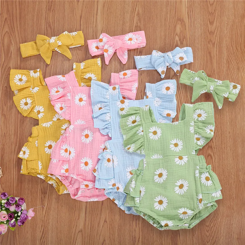 0-24 mesiacov Dievčatá Summer BodySuit Bez rukávov bez rukávov Chrysanthemum Print Det Girls Romper + Bowknot Set
