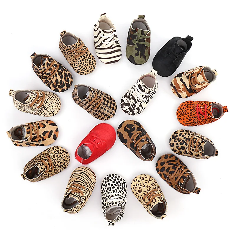 0-24m Dievčatá dievčatá Dievčatá Originálne kožené topánky Dievčatá Soft-leopardé topánky Horse Hair Boys First Walkers Baby Moccasins topánky