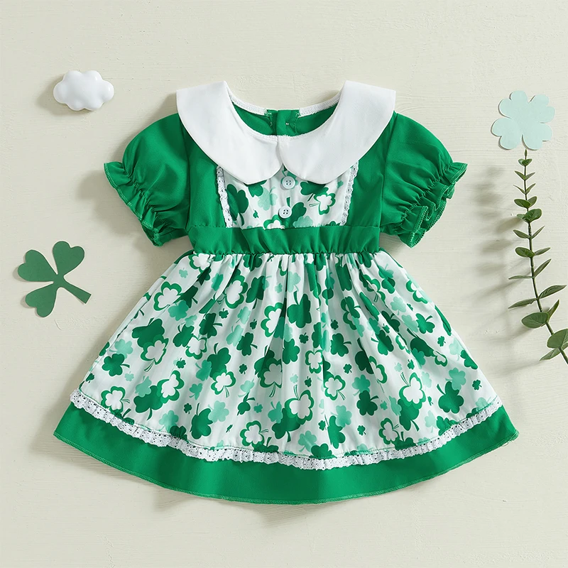 0-4y detské dievčenské šaty s krátkym rukávom Doll Golier Shamrock Print Patchwork letné oblečenie
