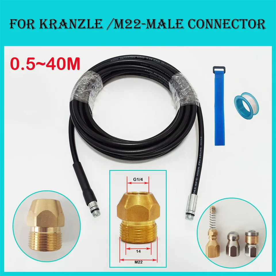 0,5 ~ 40 m kanalizačnú vodu čistiacu vodu s hadicou Kit Kit Washer Dozzles Vysokotlakové hadica pre konektor Kranzle /M22-Male konektor