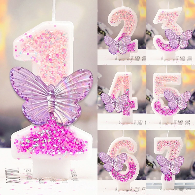 0-9 Číslo narodeninové sviečky Purpurové motýľ Glitter Digital Sviečka torty Decise Decise pre narodeniny Svadobné večierky