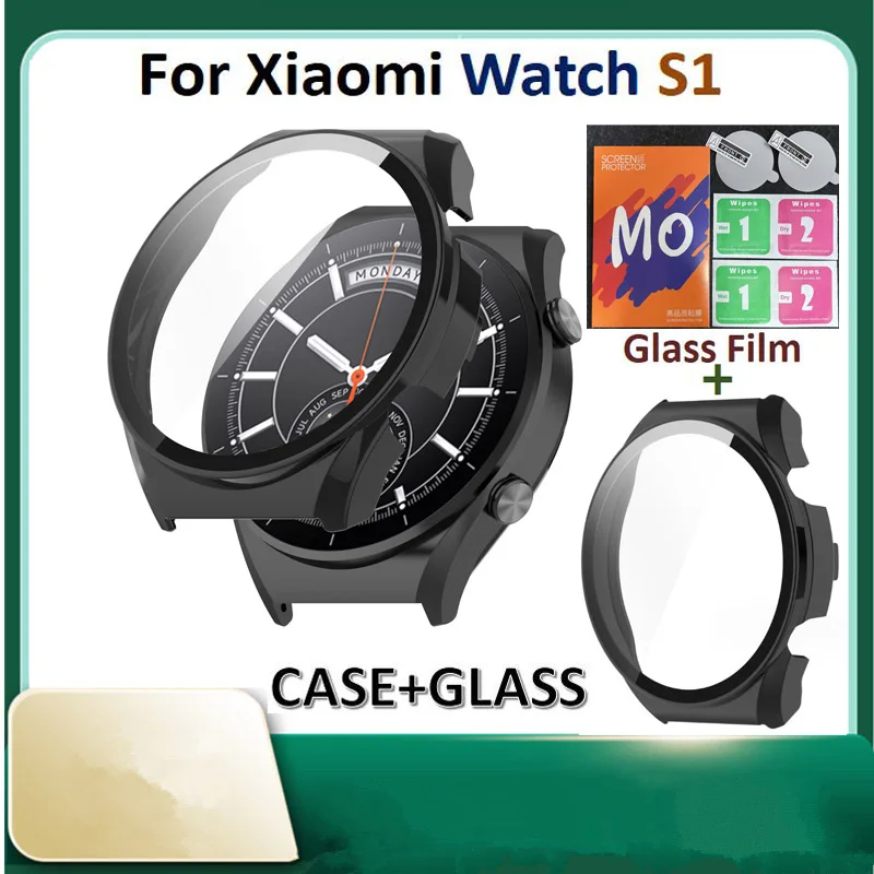 1+1 HD Glass Film Full Rám pre Xiaomi Watch S1 Cover Cover Screen Cover Cover pre ochranný puzdro Xiao Mi S1 Watches Watches