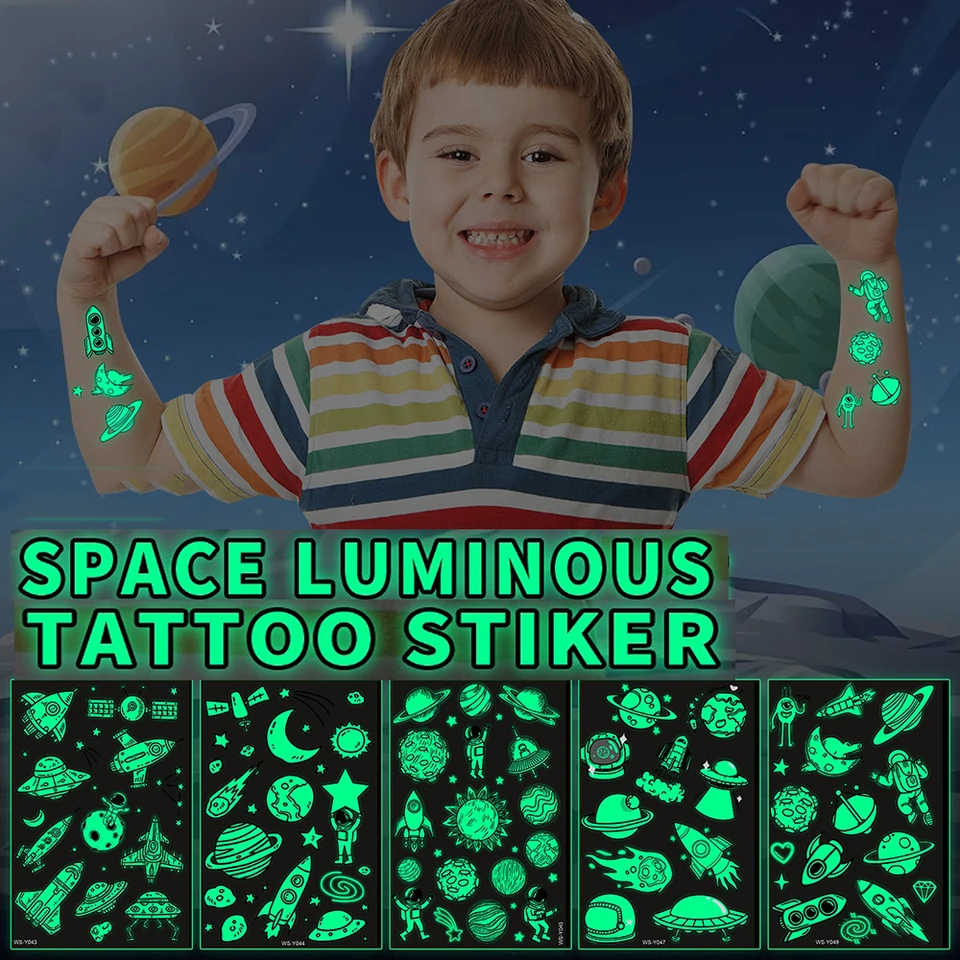 1/10ks Luminous Transfer Tattoos Cartoon Universe Astronaut Sticker Vhodný pre kreatívne zobrazenie hračiek pre deti pre deti