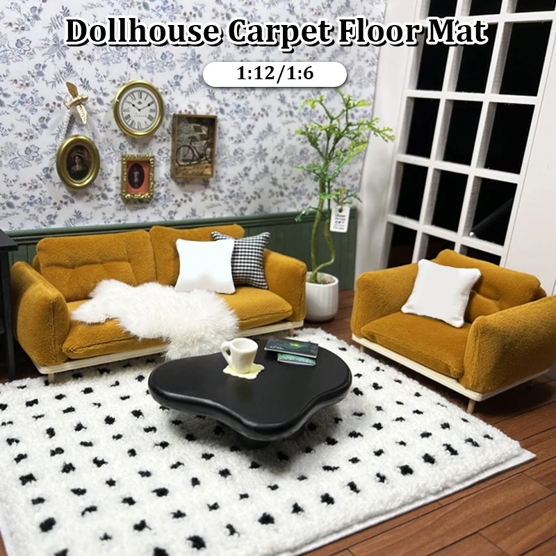 1: 12/1: 6 Dollhouse Miniatúrny koberec Plyšový plyšová čierna pdedná podlaha Mini simulačný koberec koberec Model Model obývacia izba spálňa Domovod