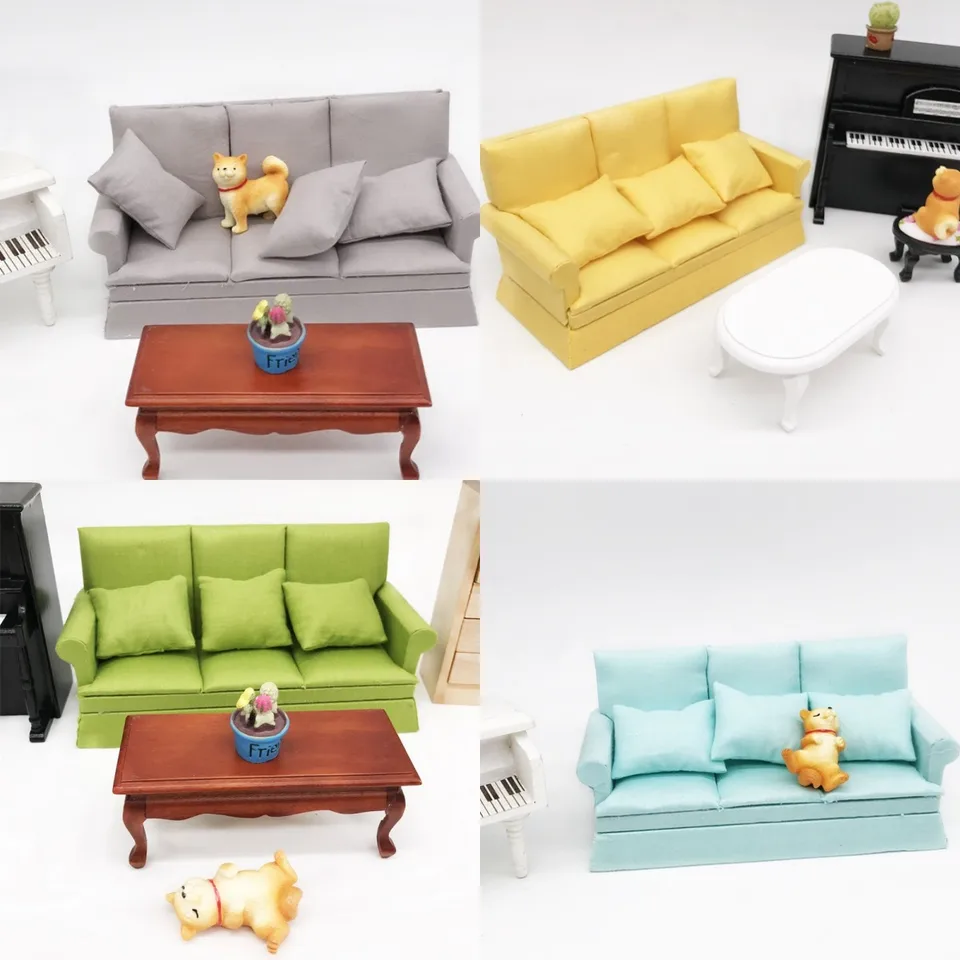 1:12 BJD Dolls Mini Dollouh Trojmiestne pohovka Miniatúrne predmety Sofa s tromi vankúšmi obývacia izba Hračky pre bábiky