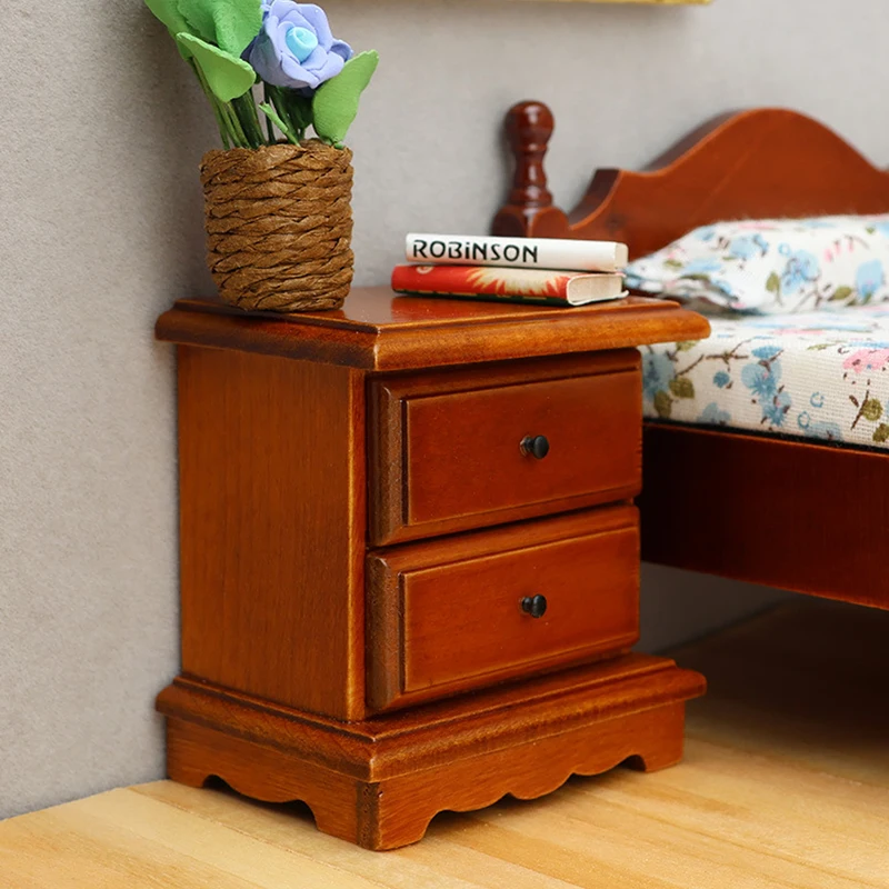 1:12 Dollous Miniatúrny nočný stolík hrudník s zásuvkami Nočný stolík nábytok model dekor hračky Doll House doplnky