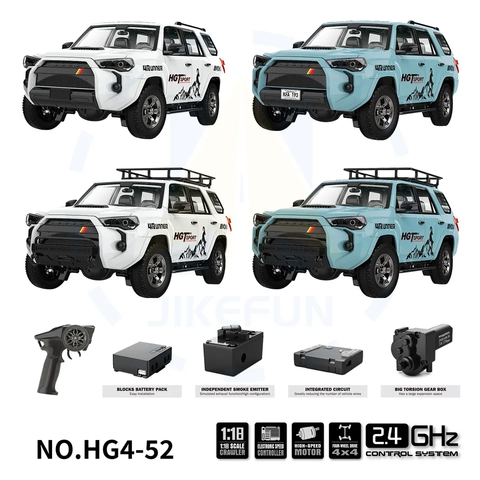 1/18 RC CAR HG4-52 Vysoko simulačný elektrický model so statickými svetlami dymový zvukový efekt 4WD diaľkové ovládacie hračky pre dospelých