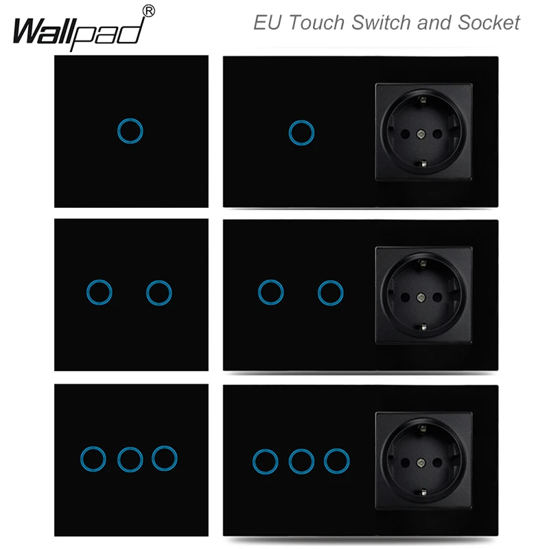 1 2 3 Spínač dotykovej steny Gang EU a objímka Wallpad Wallpad Black Glass Backlight LED prepínače prerušovača Tomada s USB Outlet Eu Box