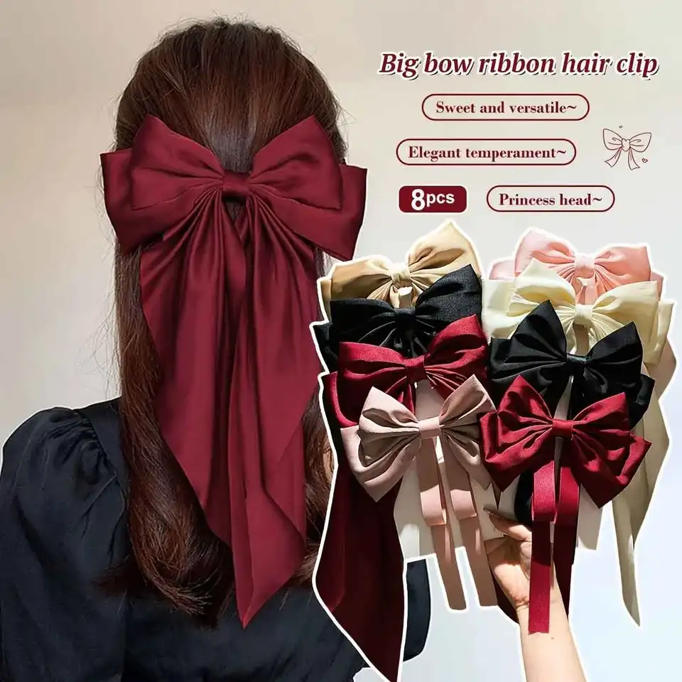 1/2/8ks Big Bow Ribbon Hairpin Elegantné veľké saténové luky vlasy Clipwomen Girl Black Pink Spring Clip Hair Pinretro Headband