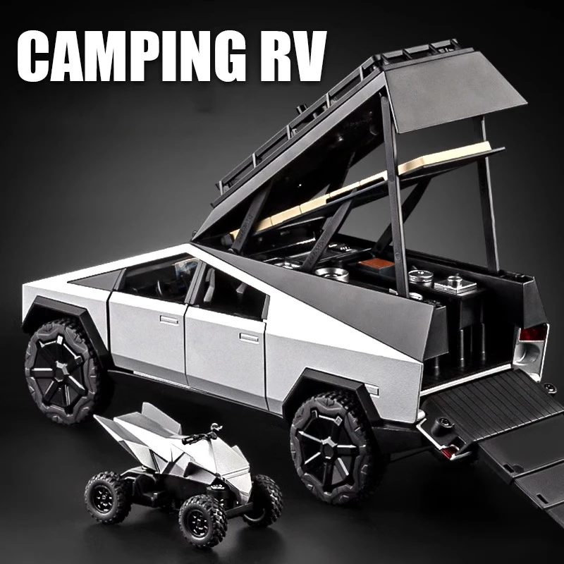1:24 Cybertruck Camping Pickup s motocyklovým SUV SUV Off Road zliatiny automobilový modely Zhromažďovanie hobby displej ornamentov detská hračka