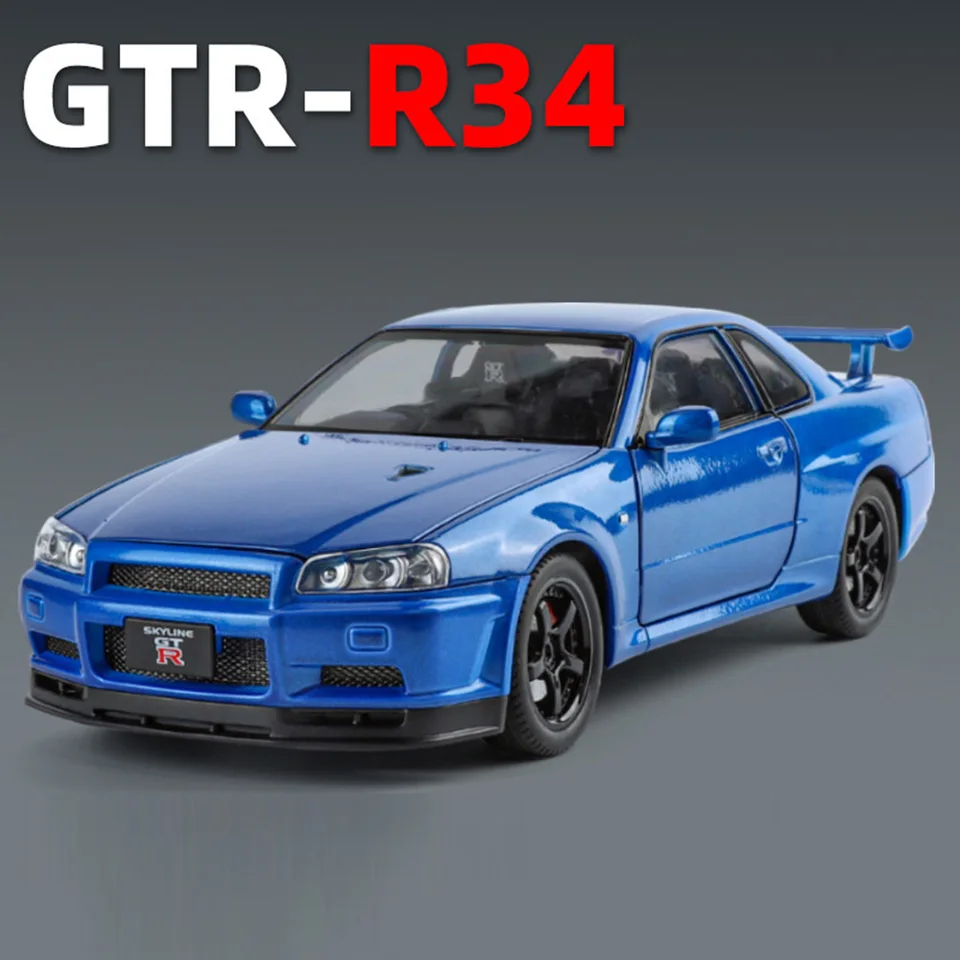 1/24 Scale Nissan Skyline GTRR34 Modely autá zliatiny Diecast hračky gumové pneumatiky