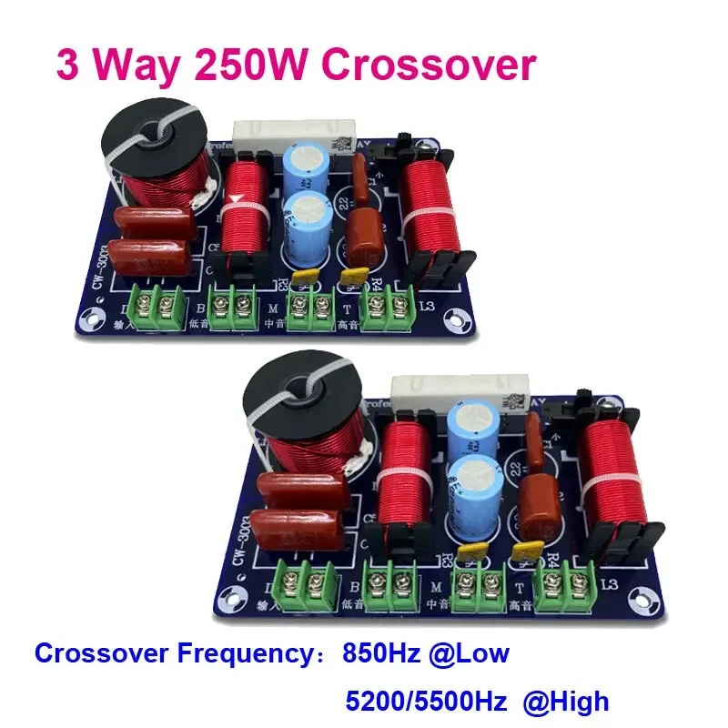 1/2ks 3-cestné 250 W 850/5200Hz Frekvenčný delider DIY reproduktor Filterový obvod Treble Stredný basový hifi stereofónny zvukový crossover filter