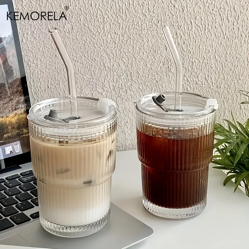 1/2ks 450 ml Stripe sklenené šálky priehľadné poháre s vekom a slamenou ľadovou kávou Hrnček čaj šťava sklenená mliečna voda šálka nápoj