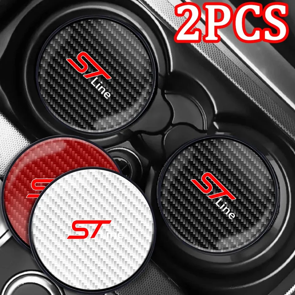 1/2ks automobilové poháriky Coaster Coaster Uhlíkové vlákno Vzor proti sklzu vložky Coasters pre Ford St Line Focus 2 3 Fiesta Mk2 3 4 Automobilové doplnky