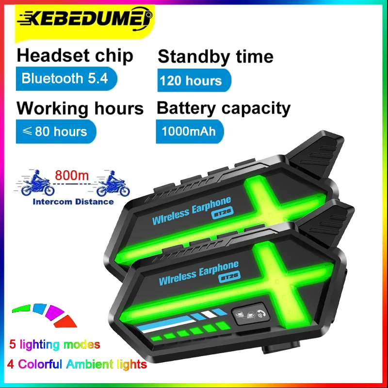 1/2ks Bluetooth Motorcycle Helme Intercom headset 800 m pre 2 jazdci Intercomunicador IPX7 Waterprooof s RGB Ambient Light Light