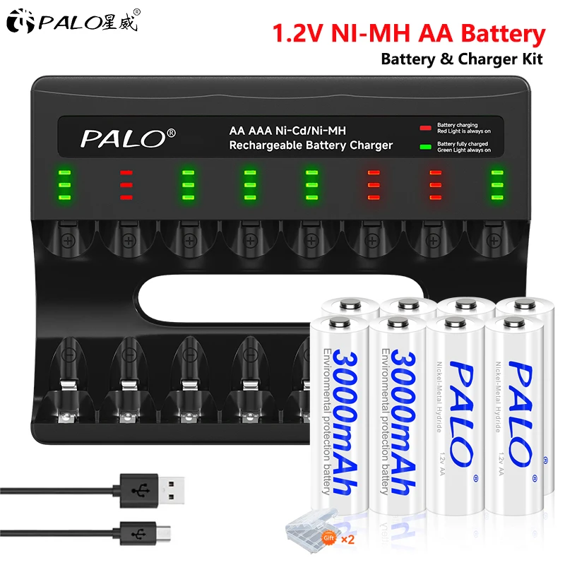 1,2V AA Ni-MH Nabíjateľná batéria 3000 mAh nízky samonosný výtok AA batérie pre ovládacie prvky baterky fotoaparátu + 8 slotov nabíjačky