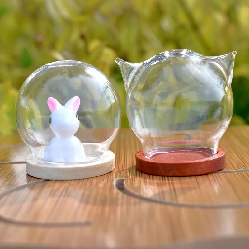 1/2x tvar mačky hlavy Mini sklenené zemegule s drevenou základňou duté sklo Globe Pendant Doll House Globe Glass Cover Dome Cute Charm