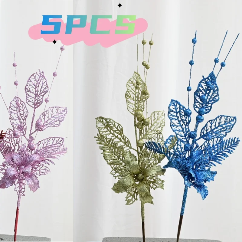 1/3/5Pcs Christmas Glitter Gold Silver Leaves Xmas Tree Decoration Pendant Artificial Plants Pine Branches New Year Decoration