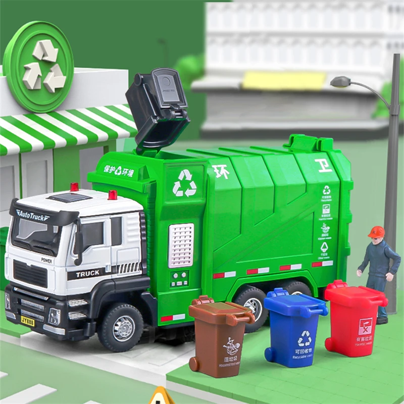 1/32 City Garbage Truck Model automobil Diecast Kovové odpadky Triedenie Sanitačné vozidlo Model vozidla Zvuk a ľahké detské hračky darček