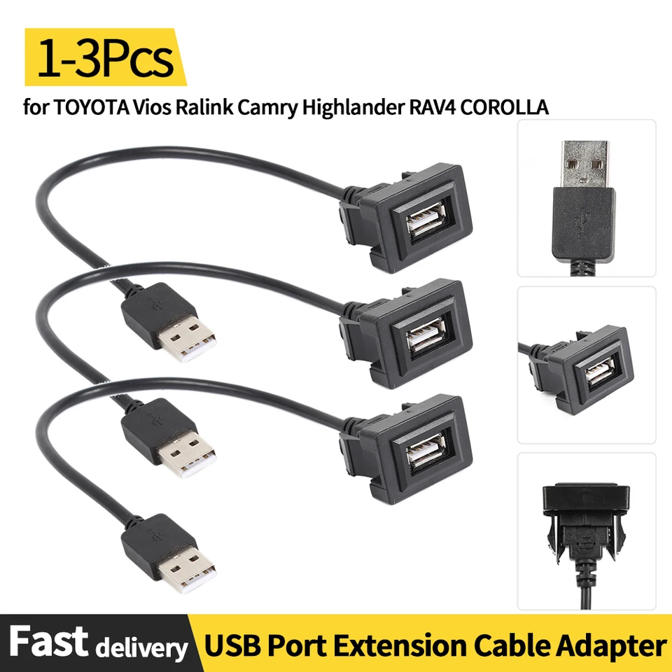 1-3ks auta Dashboard Flush Mount Mount USB 2.0 Predlžovací kábel Adaptér pre Toyota Vios Ralink Camry Highlander Rav4 Corolla Black Black