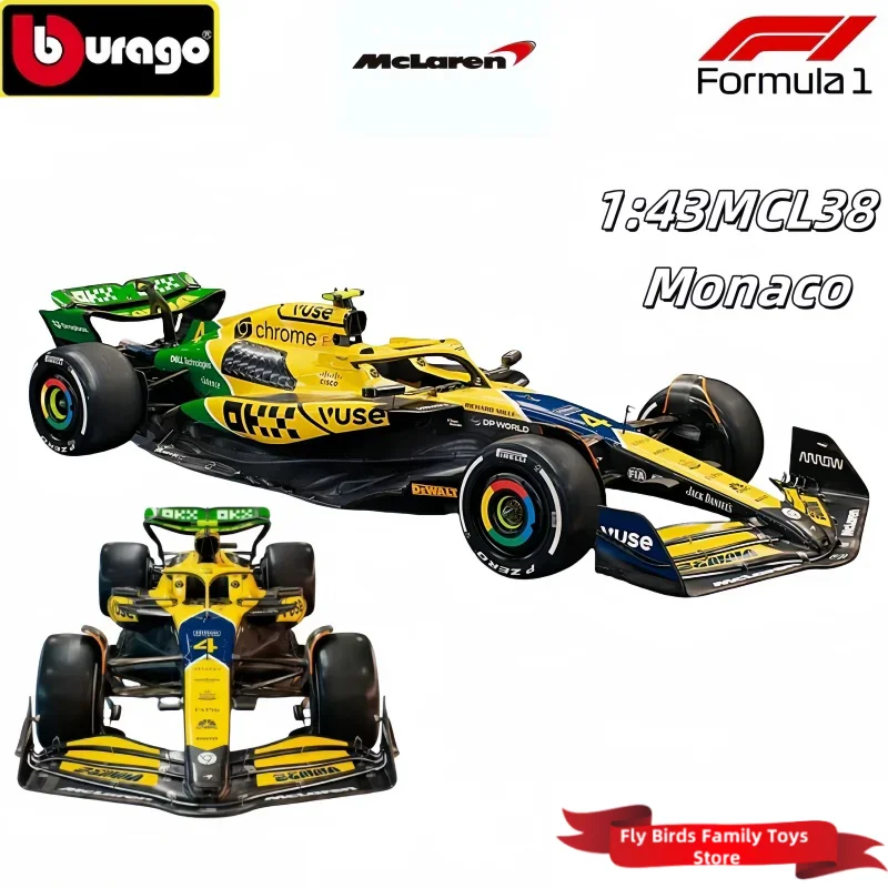 1:43 Bburago McLaren McL38 Monaco Grand Prix F1 2024 F1 Miniatúrny odtieň Model #4 #81 Lando Norris F1 Zliatina Diecast Auto Diecast