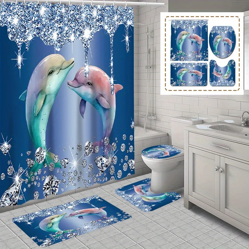 1/4ks Diamond & Dolphin Tlačená sprchovacia súprava, nepremokavá sprchová záves s 12 háčikmi, nekĺzavý kúpeľňový koberček, toaleta U-SH