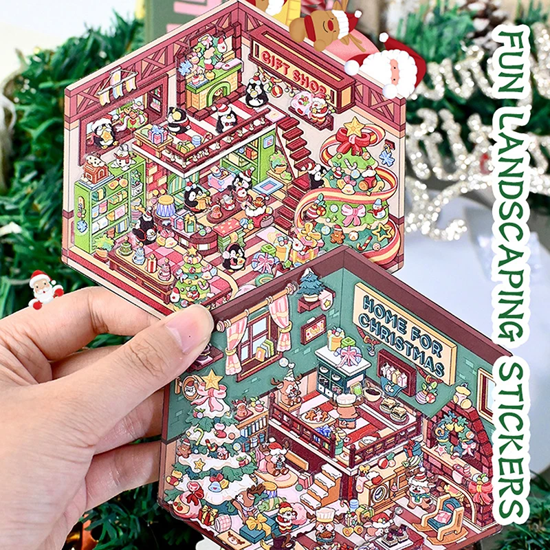 1/4ks Vianoce DIY 3D Terénne nálepky Miniatúrna scéna Cabin Stiapky Stohovanie Stohovanie vkladanie roztomilého dospelého dieťaťa darček