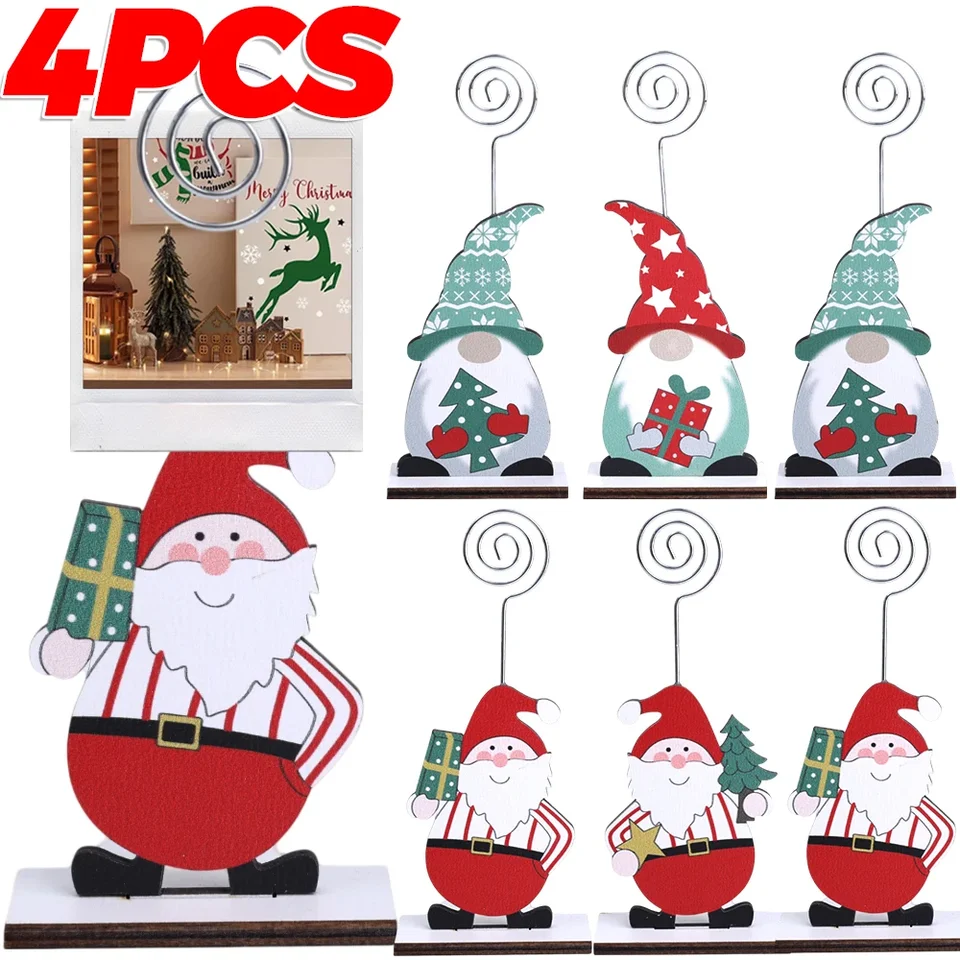 1/4ks vianočné stojanové držiteľ karty Držiteľ drevených miest Držitelia správy roztomilý karikatúra Santa Claus Poznámka klip
