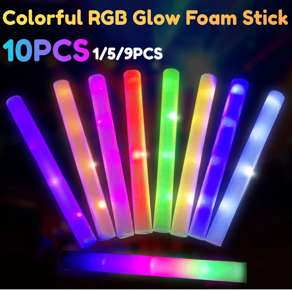 1/5/10ks LED žiariace palice farebné RGB Glow Foam Foam Cheer Tube Dark Light na vianočné dekorácie Narodeniny Svadobné večierky Dodávky