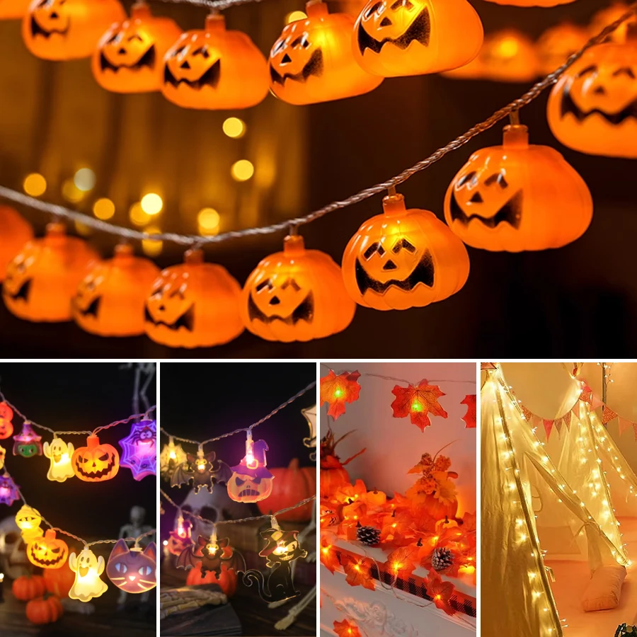 1,5 m/3m LED HALLOWEEN LED STRUTY LIGHTS GARLAND Prenosné tekvicové duchovné listy Listy pre domácu halloweenskú party dekoráciu
