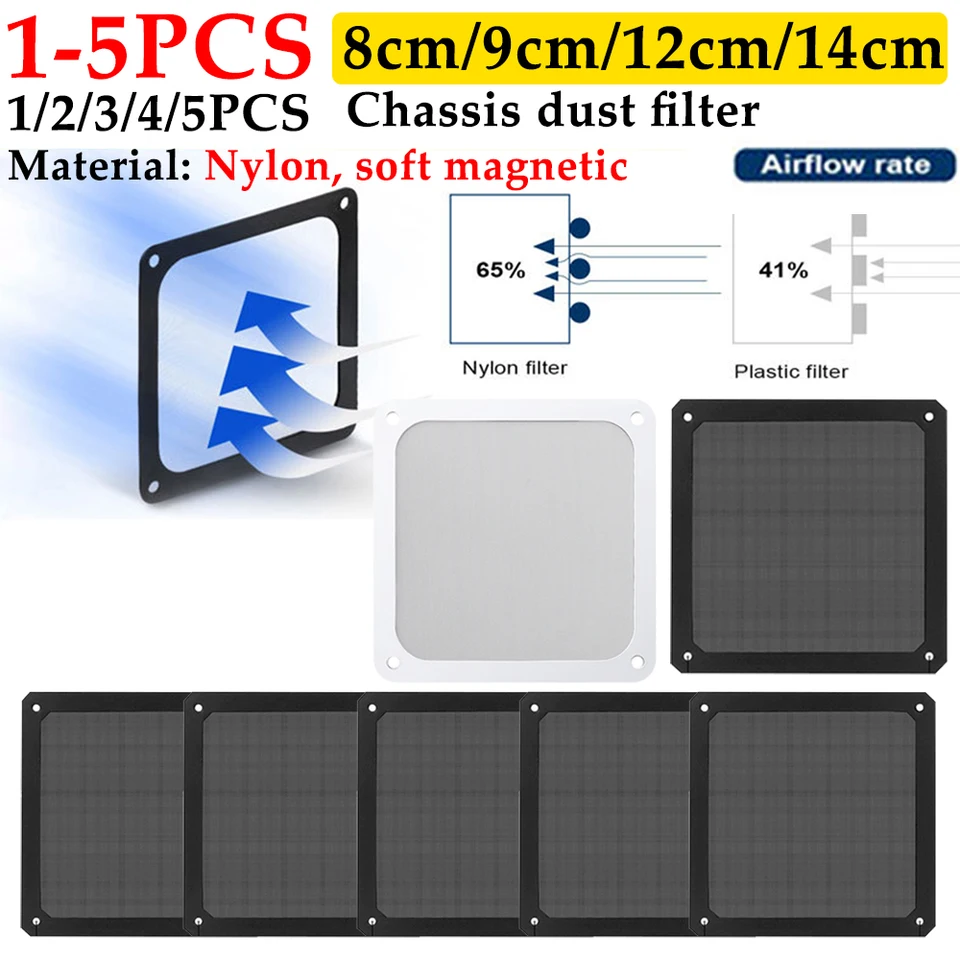 1-5ks 80/90/120/140 mm PC Chassis chladiaci ventilátor ventilátora Dust Filter Magnet Dust Dustodpuste Cover Cover Cover počítačový chassis sieť s otvorom