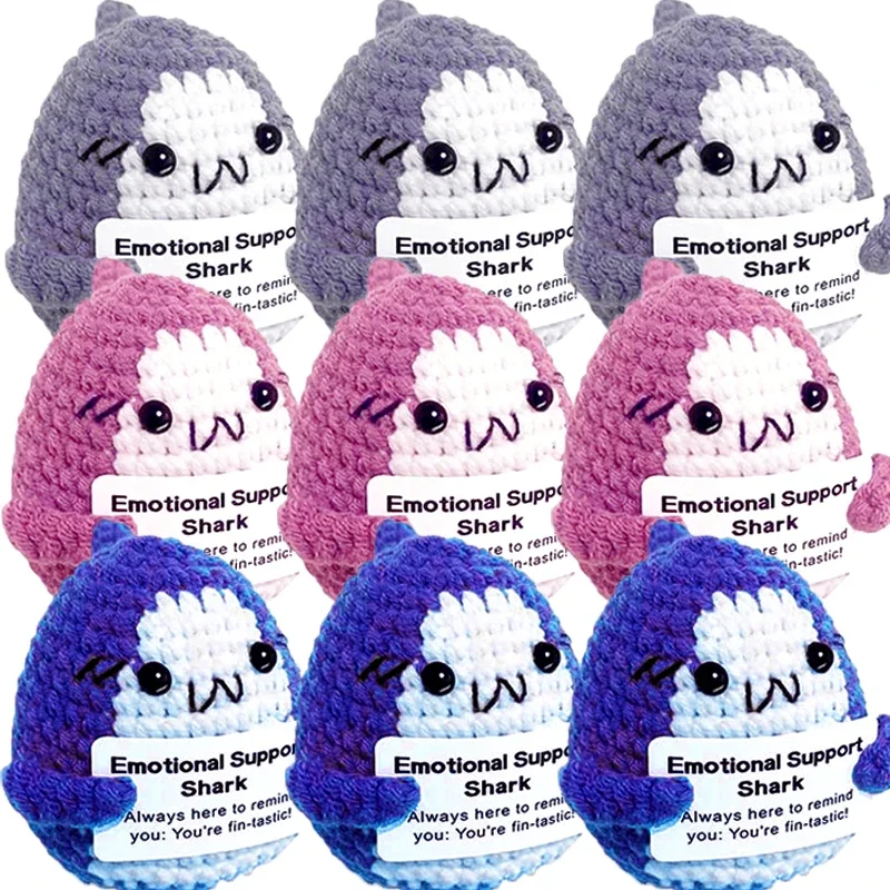 1/5ks pozitívna energia žralokov Dolls Ručne vyrobená pletená emocionálna podpora žraloku s pozitívnymi kartami domáca kancelária stolné ozdoby
