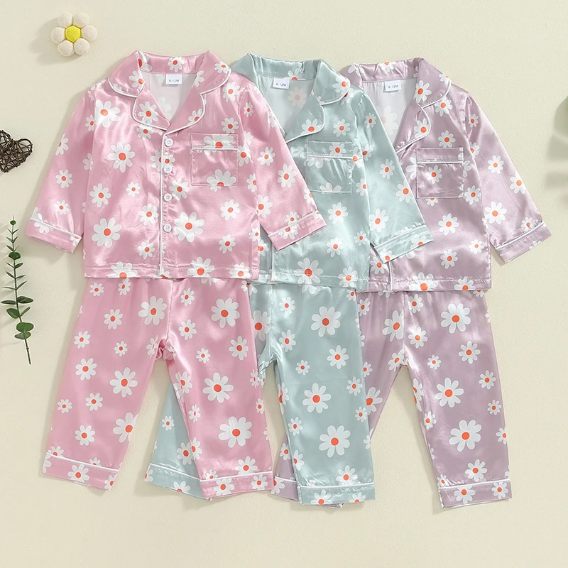 1-5yeears dievča Spring Jeseň Pajamas sada Daisy tlač s dlhým rukávom vreckové vrcholy s nohavicami saténové spánkové oblečenie pre dievčatá