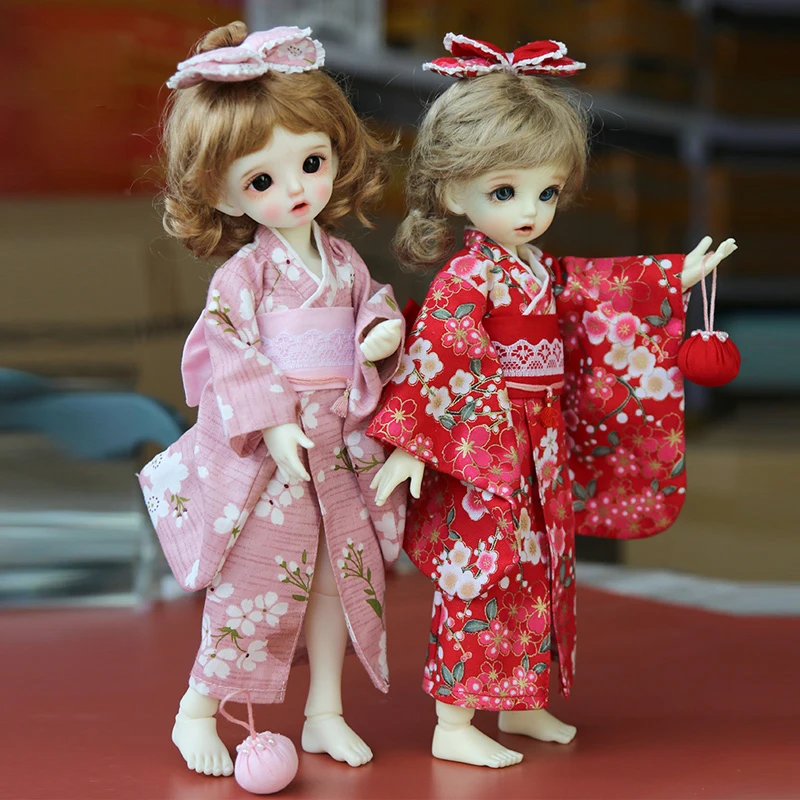 1/6 BJD Doll Kimono oblečenie kvetinová sukňa Pink Red Batchrobe Suit Dollar Hairpin Accessories pre 1/6 Yosd Doll, 12 INHC 30 cm Doll