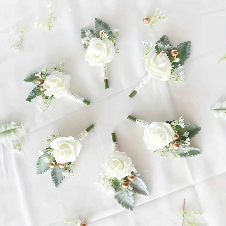 1/6ks Mliečny biely vinobranie svadobná nevesta a ženích Korzná družička Rose Rose Wrters Flowers Homecoming Prom Corsage Flowers