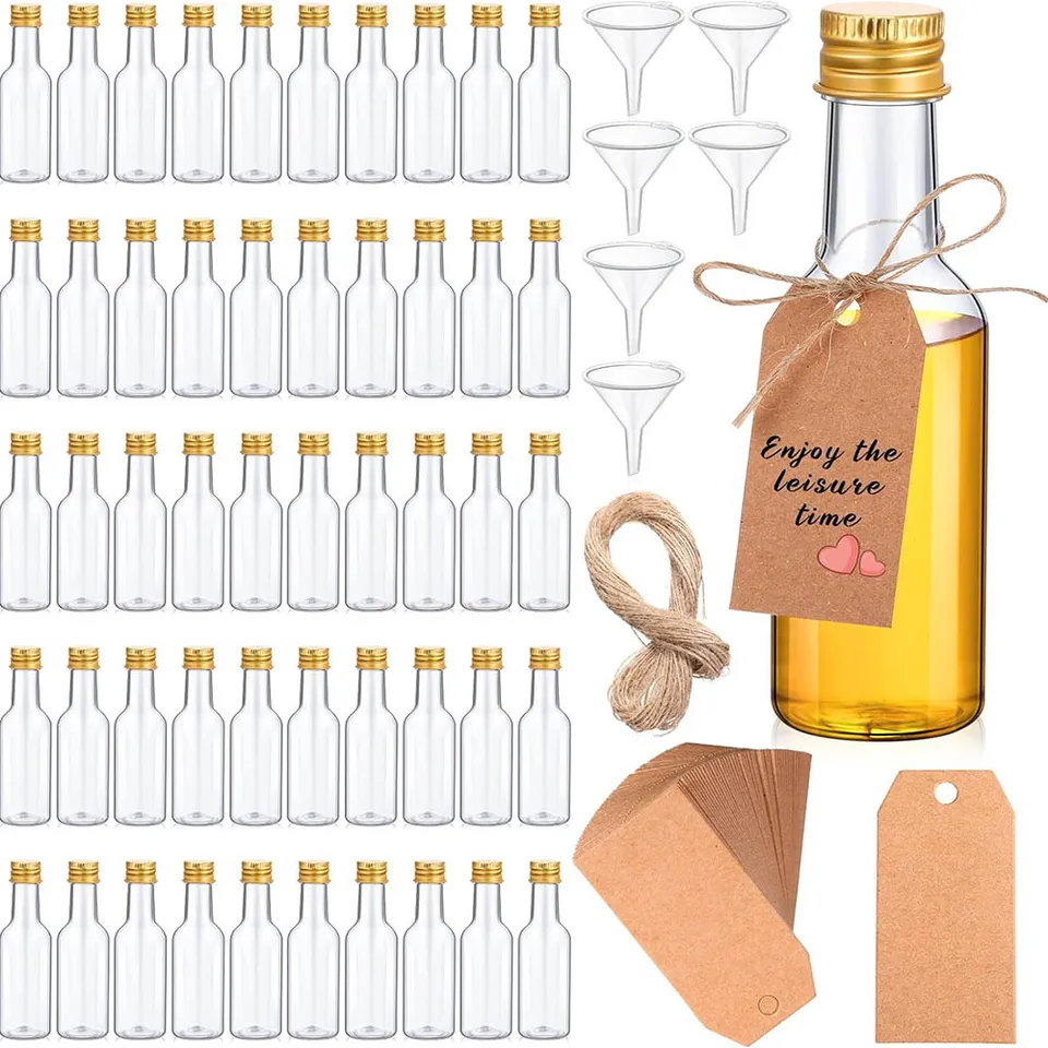 1,7 oz plastové duchovné fľaše mini fľaše na likéry, Mini plastové fľaše s alkoholom s čiapkami, zúženiami, kraftovými značkami na večierok