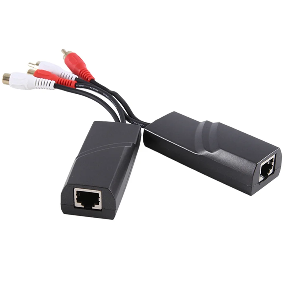 1 Dvojica RCA Audio Network Extender Twisted Pair Parter RCA rozhranie 2-cestné zvukové predlžovanie RJ45 na RCA Extender