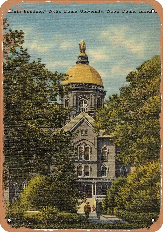 1 ks, 7 x 10 kovové znamenie - Indiana Pohľadnica - hlavná budova, Univerzita Notre Dame, Notre Dame, Indiana - Vintage Rusty Look