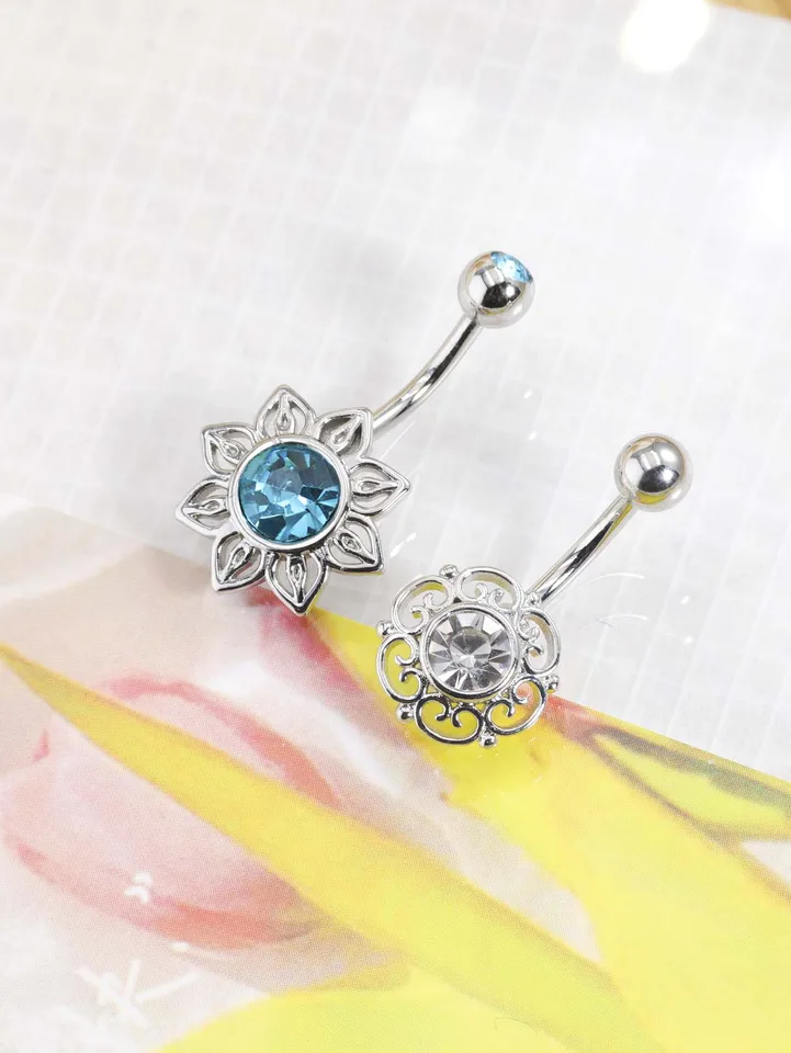 1 ks modrý krištáľový kvet slnečného kvetu Navel prsteň z nehrdzavejúcej ocele Dutiny z brucha gombíka Stud brucho pupočnícke brucho piercing Ženy