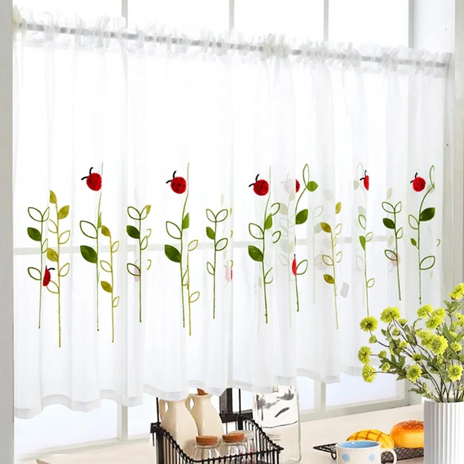 1 ks prútovou vreckovou krátkym záclonom Roztomilé zvieratá Vyšívané polovičné curtain pre kuchynské dvere kaviareň Drape Cafe Malé okenné panel Číry WP121H
