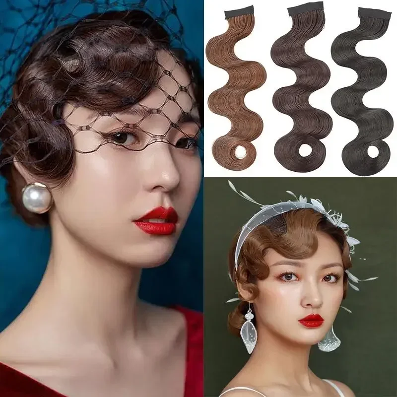 1 ks Syntetická parochňa Vintage Ženy Cheongsam Wavy Fake Bangs Parochňa starožitné kučeravé kusy kusy na vlasy predlžovanie hlavy Styling