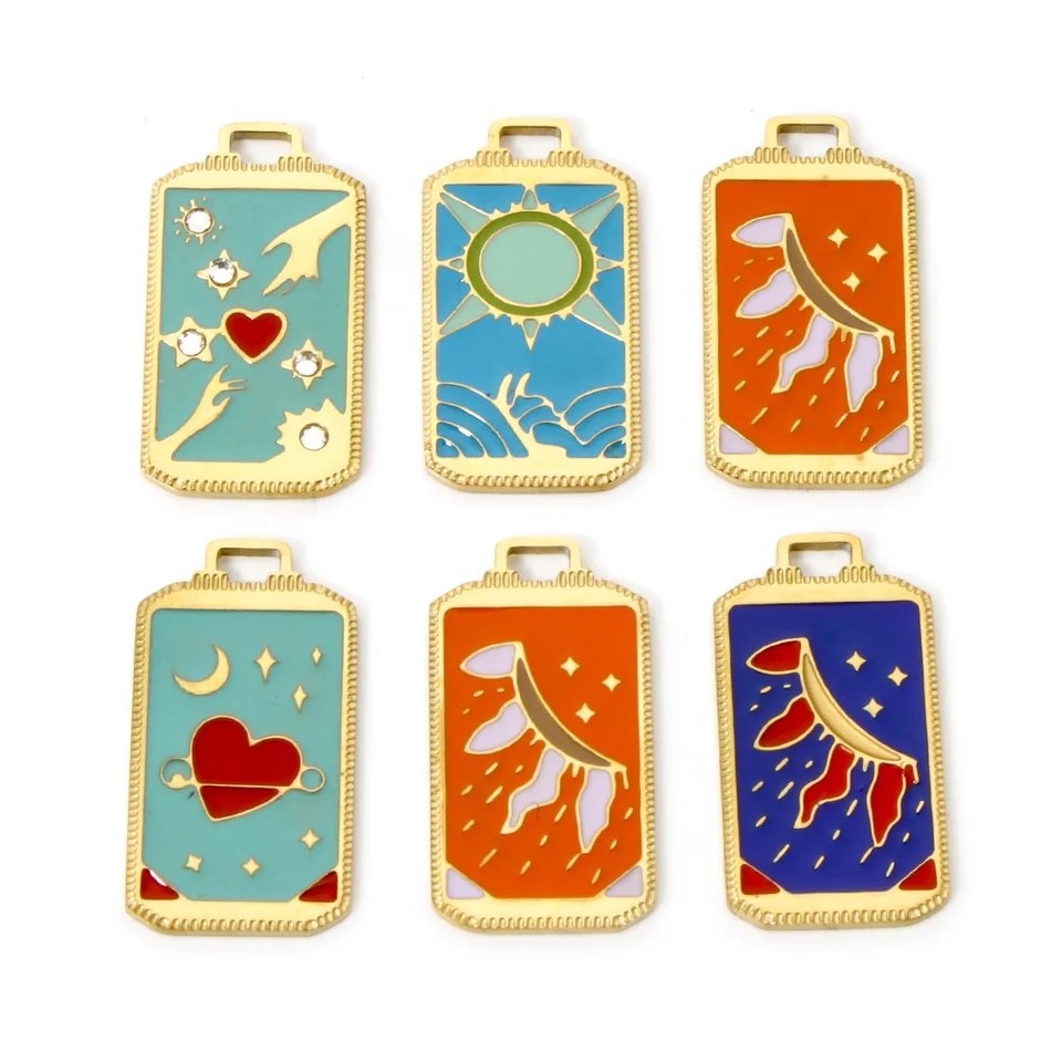 1 kus 304 z nehrdzavejúcej ocele Tarot Smalt Charms 18k Zlatý obdĺžnik Slnko Sun Pendnats pre DIY šperky výroby 25,5 mm x 14 mm