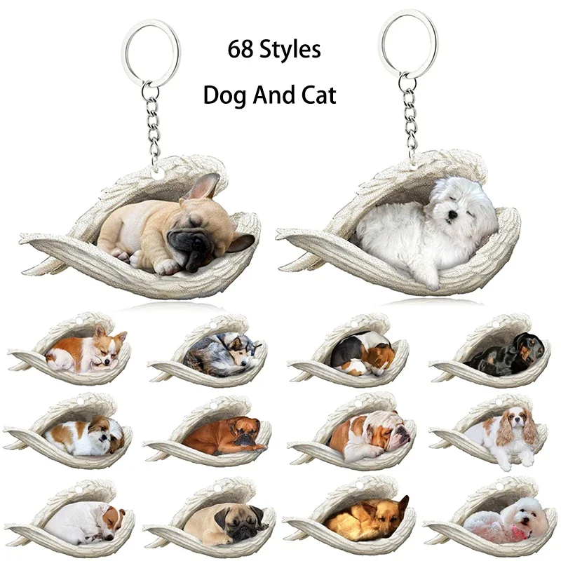 1 kus 68 Štýl psa a mačka Sleeping Angel Pendant Bag Key Crains Car Keychain Keyring Animal Pet Jewelry Darček pre ženy dievčatá