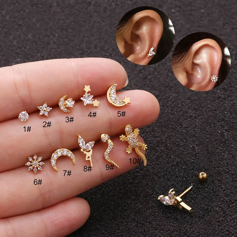 1 kus z nehrdzavejúcej ocele Piercing Stud Cz Cz Snake Lizard Gecko Flower Moon chrupavka chrupavka špirála na náušnice Piercing šperky