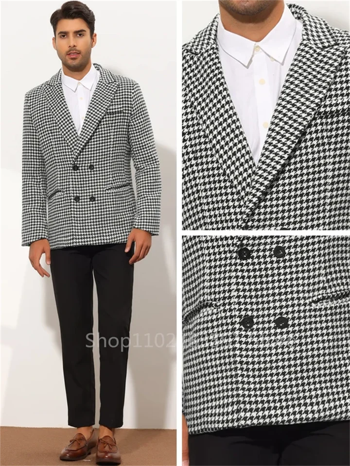 1 kusy Houndstooth Športové kabáty pre pánske špičkové klope Svadobné ženích Prom Double Breasted Button