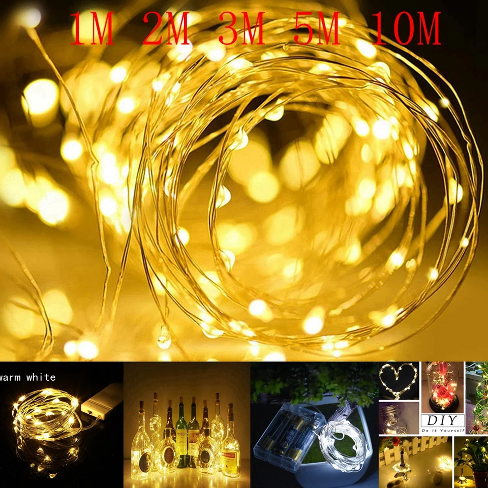 1 m 2m 3 m 5m 10m 10m LED medený drôt víla Light String Battery Battery Fľaša na fľašu USB Girland Svadobná strana Štedrý deň dekora