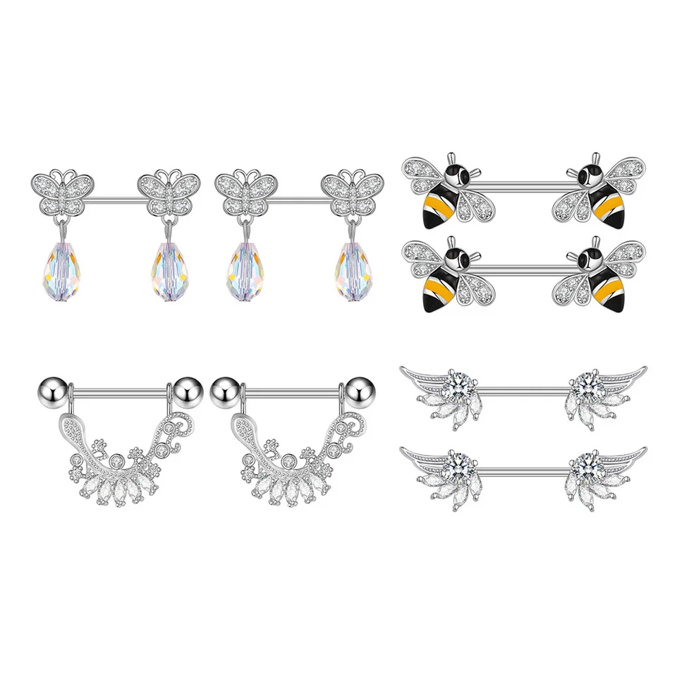 1 pár 14G Chirurgická oceľová motýľová včelí bradavka Piercing Bar Ženy Vlnový prsteň Kruh kryte Barbell Body Body Piercing Jewelry