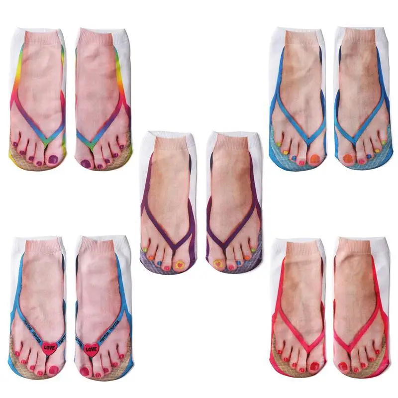 1 pár 3D tlačový vzor Flip Flop členkové ponožky vtipné ponožky Unisex Flip-Flop členkové ponožky Low Cut Floor ponožky pletacie pančuchy
